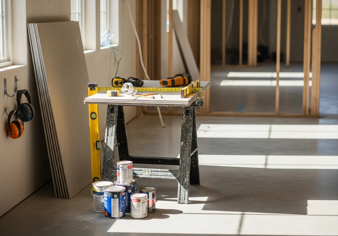 Construction crew tools and materials on a residential job site, showcasing the equipment and setup for interior remodeling work.