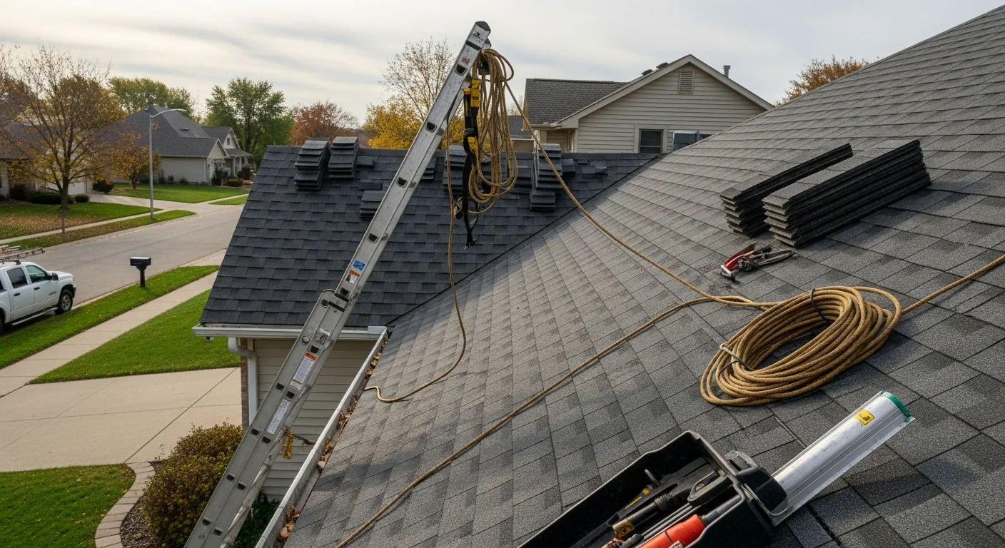 Roofing contractor installing new roof on residential home