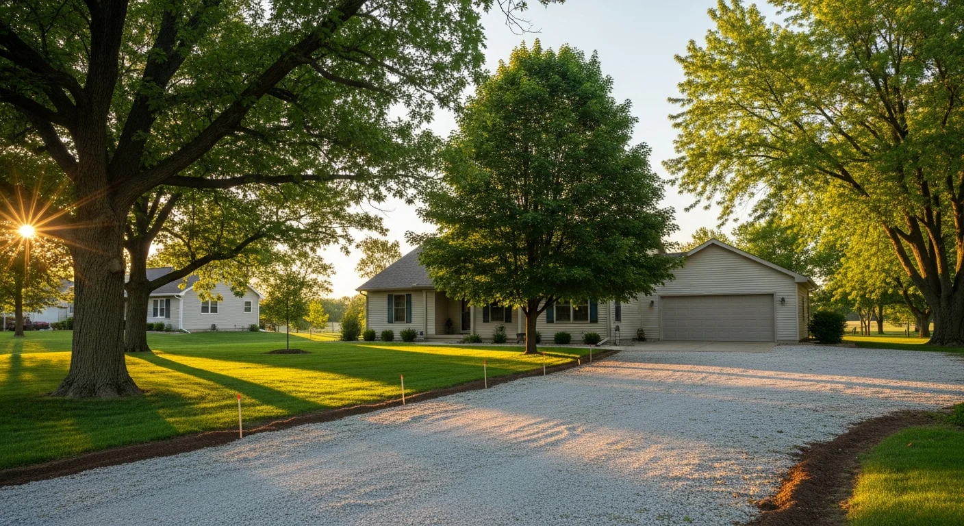 Wide view of a residential property in Iowa with mature trees and open yard space, showing typical Midwest home architecture.
