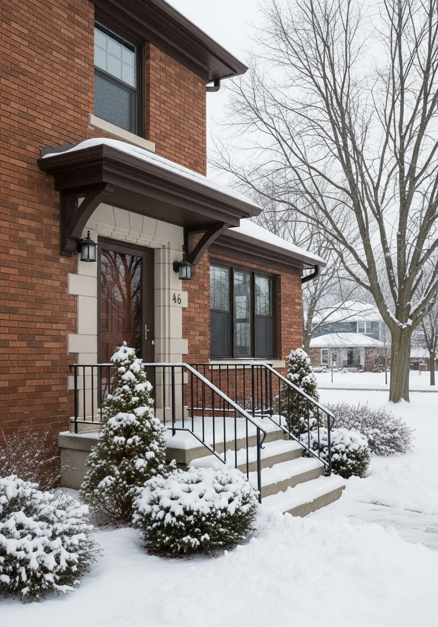 Homeowner standing at their Minnesota property entrance in winter conditions, looking satisfied.