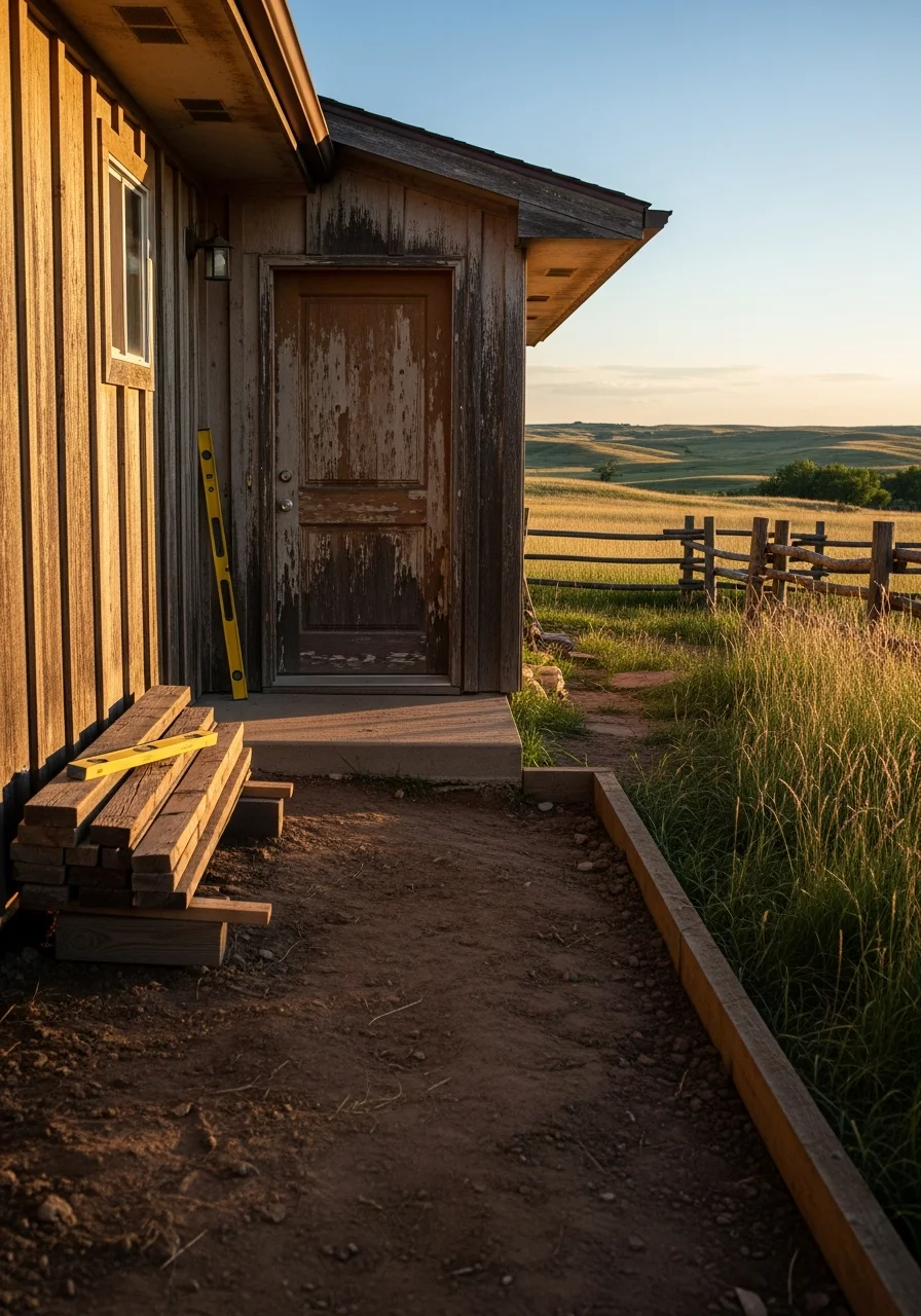 Homeowner standing at their Nebraska property entrance with plains scenery in background.