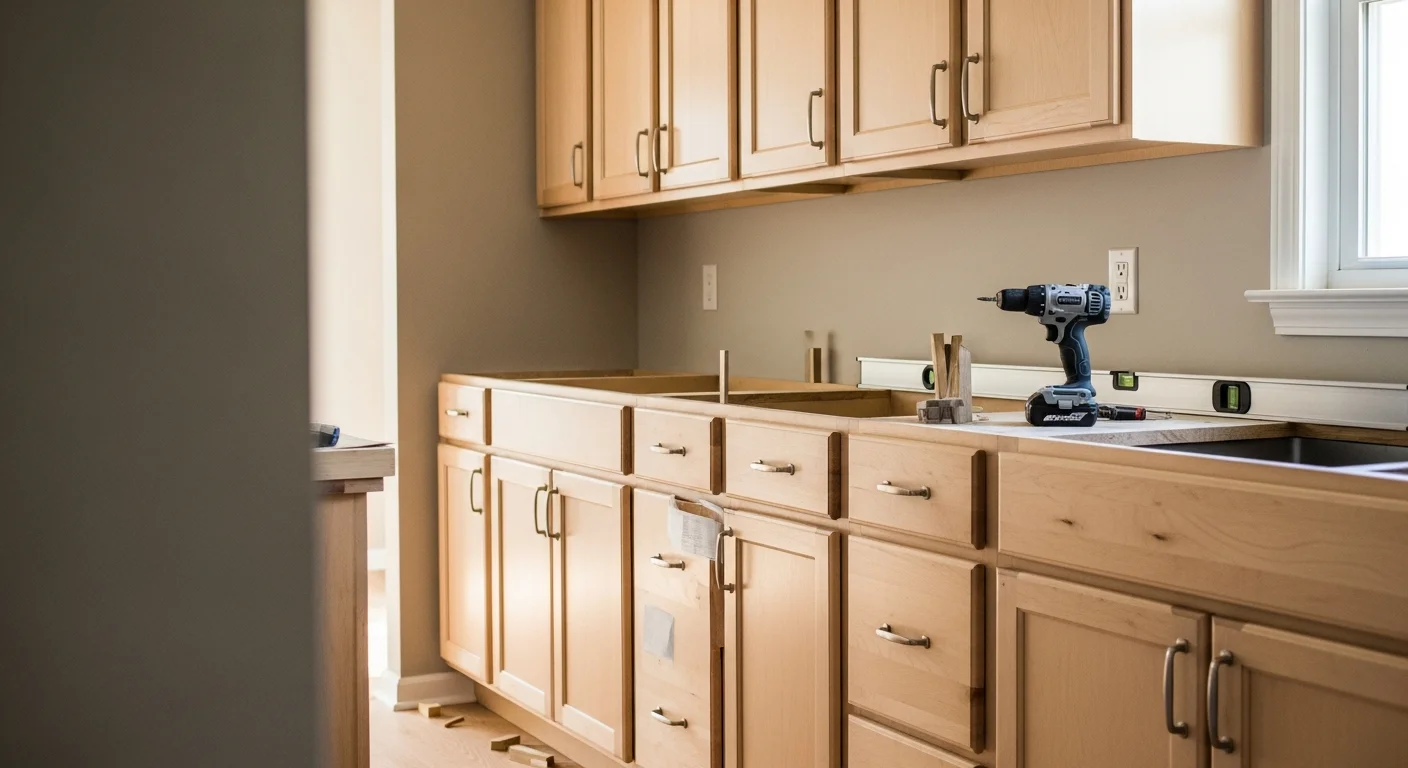 Newly installed kitchen cabinets in an Iowa home, showing white shaker-style upper and lower cabinet runs with aligned doors and consistent hardware. The kitchen features a clean layout with visible stud-secured wall cabinets above a countertop workspace.