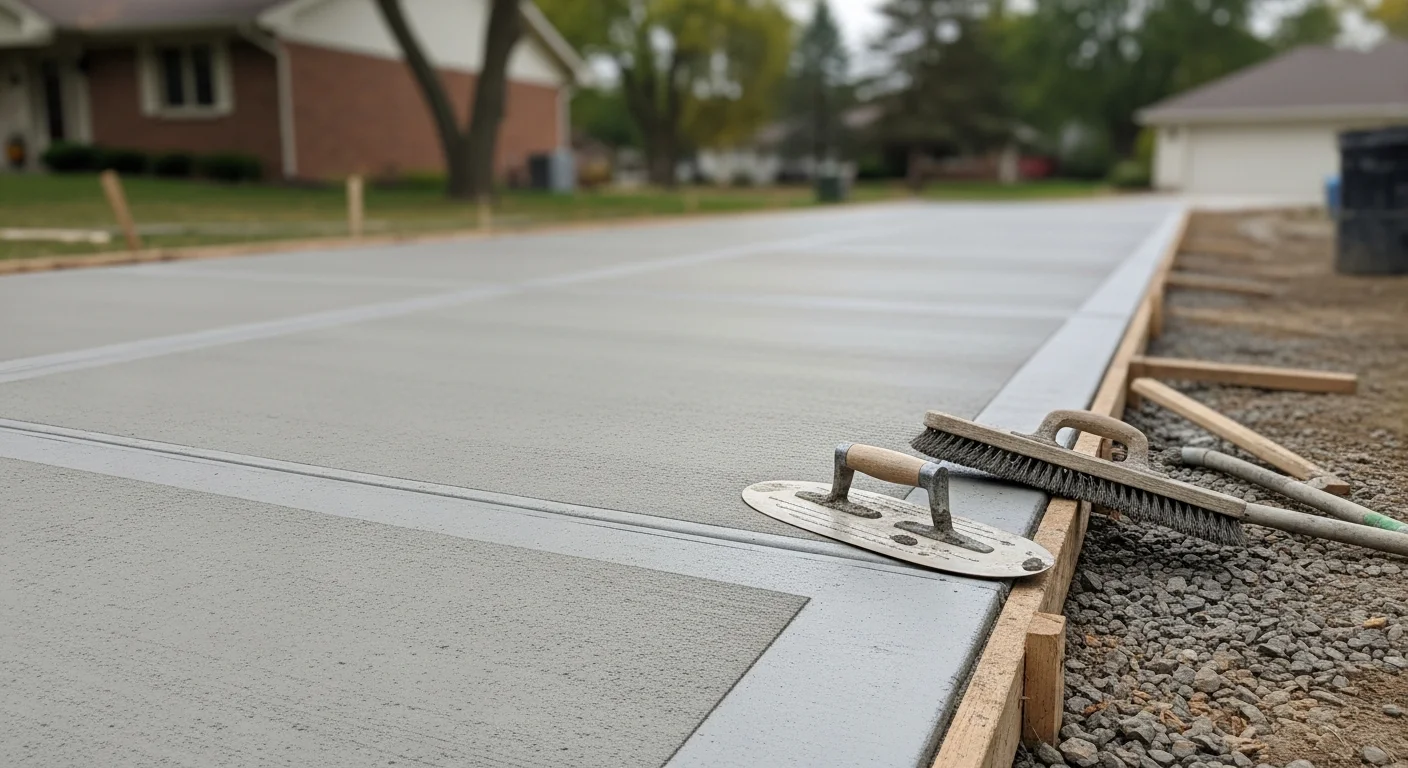 A freshly installed concrete driveway at an Iowa residential property, showing a smooth broom-finished surface with clean edges and proper slope away from the garage. The surrounding lawn and home exterior reflect a typical Iowa single-family home setting.