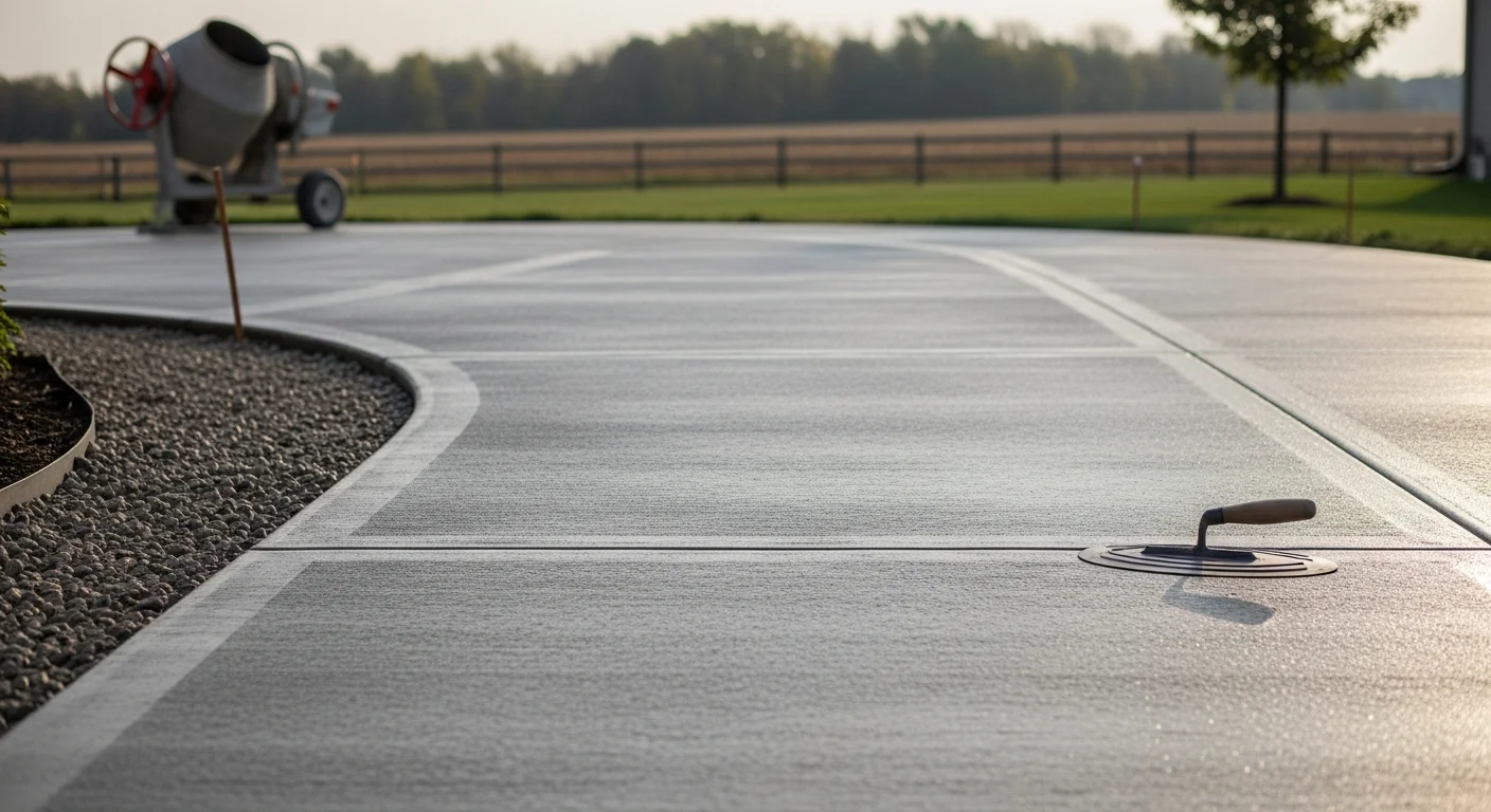 A freshly broom-finished concrete driveway at an Iowa residential property, showing clean edges, consistent texture, and proper slope away from the home's foundation. The surface reflects overcast Midwest sky conditions typical of Iowa's spring and fall seasons.