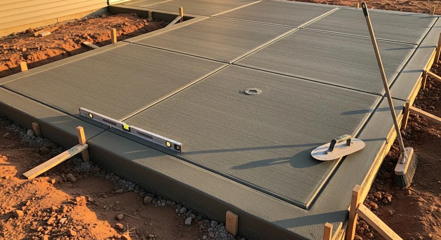 A freshly installed concrete patio behind an Iowa residential home, showing a smooth broom-finished slab with clean edges and proper slope away from the house foundation. The patio surface is sealed and ready for outdoor furniture, set against a typical Iowa backyard with green lawn and a wood privacy fence.
