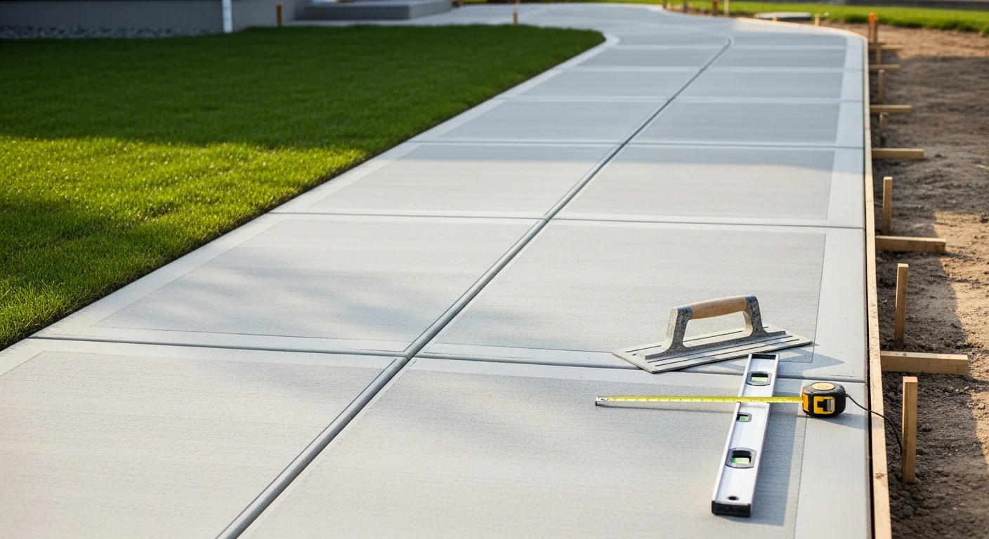 Freshly installed broom-finish concrete walkway leading from a residential driveway to a front entry door at an Iowa home. The walkway shows clean form lines, consistent width, and proper slope away from the foundation.