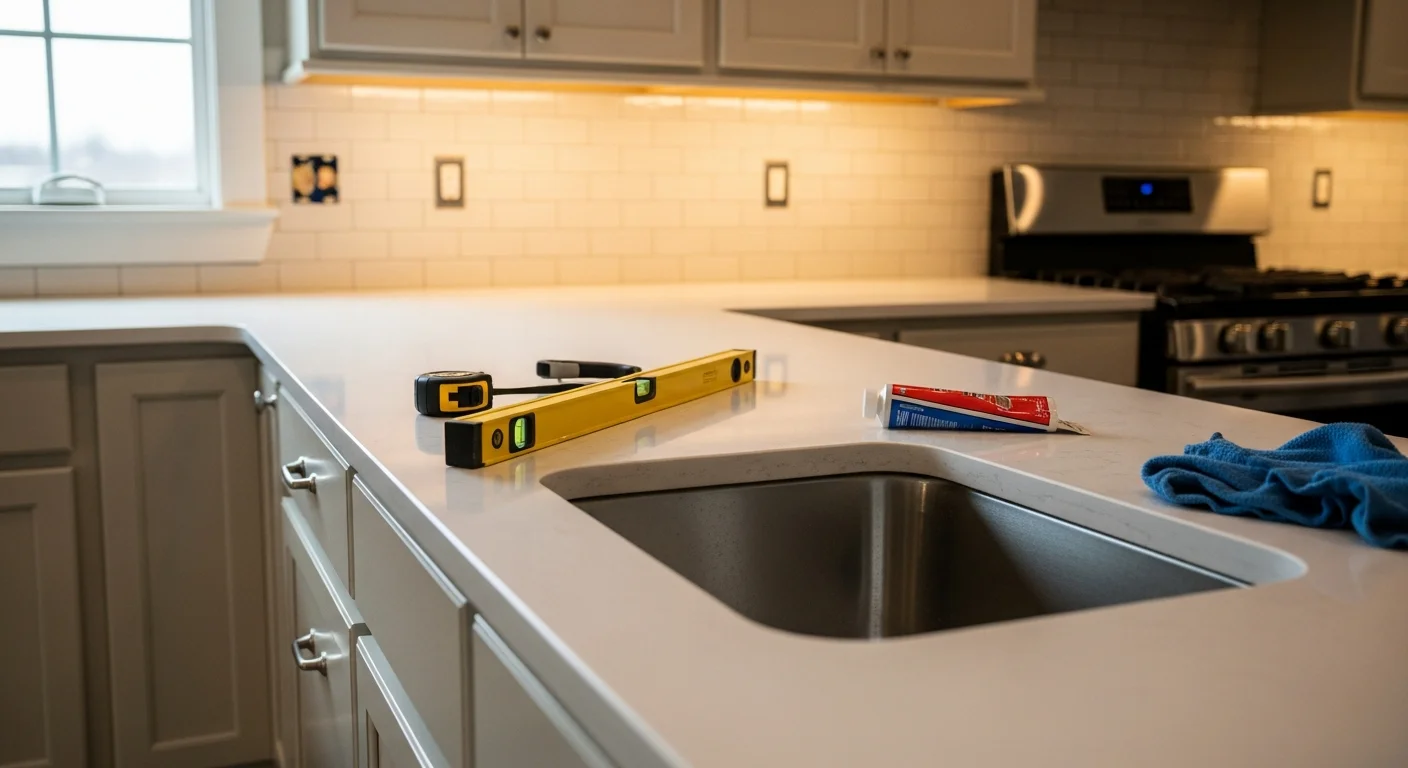 Newly installed stone countertop on white kitchen cabinets in an Iowa home, showing a clean undermount sink cutout and finished edge profile. The surface runs along a full perimeter layout with no visible seams at the corner joint.
