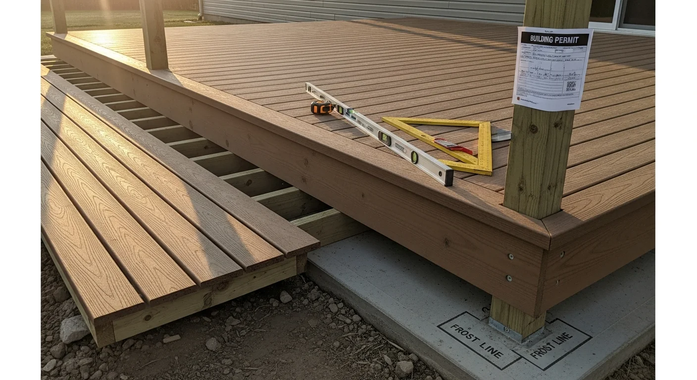 A newly completed custom wood deck attached to the back of an Iowa residential home, featuring wide board decking, a multi-step staircase, and a railed perimeter. The surrounding yard shows a typical Iowa residential lot with a flat-to-gently-sloped grade.