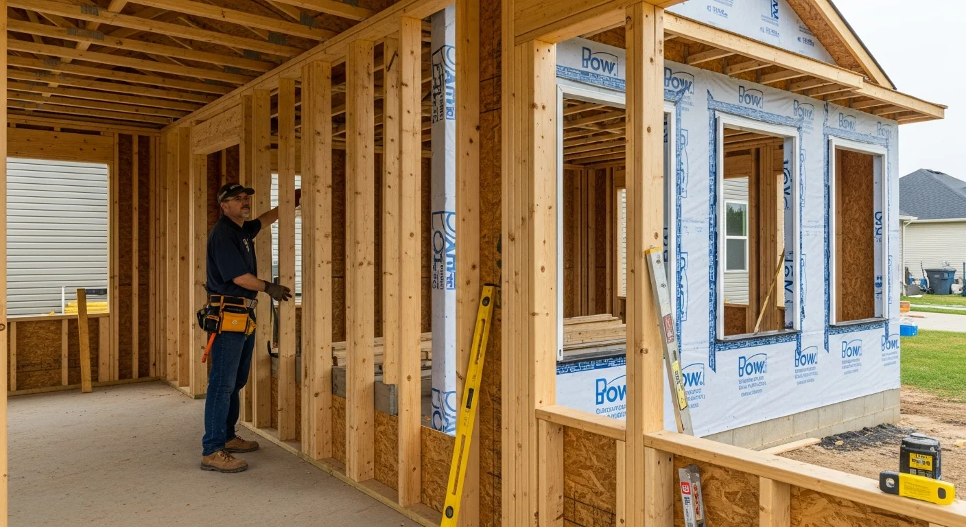 A newly constructed four-season room addition on an Iowa home, featuring large windows, a finished interior floor, and framing that matches the existing exterior roofline. The room overlooks a residential backyard during an overcast Iowa day.