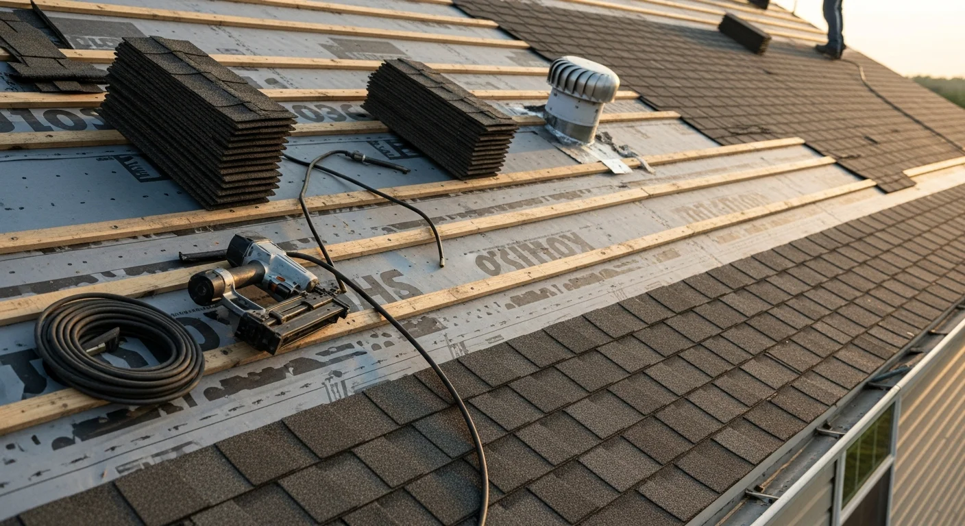 A completed residential roof installation on an Iowa home showing clean, uniform roofing material with properly finished ridge lines and flashing. The surrounding yard reflects a typical Iowa residential neighborhood setting.