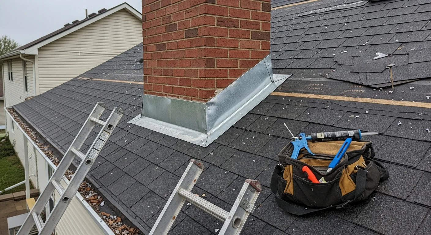 A roofing contractor inspecting and repairing damaged shingles on a residential home in Iowa following a hailstorm. Close-up view shows replaced shingles and repaired flashing around a roof vent on a midwestern home exterior.