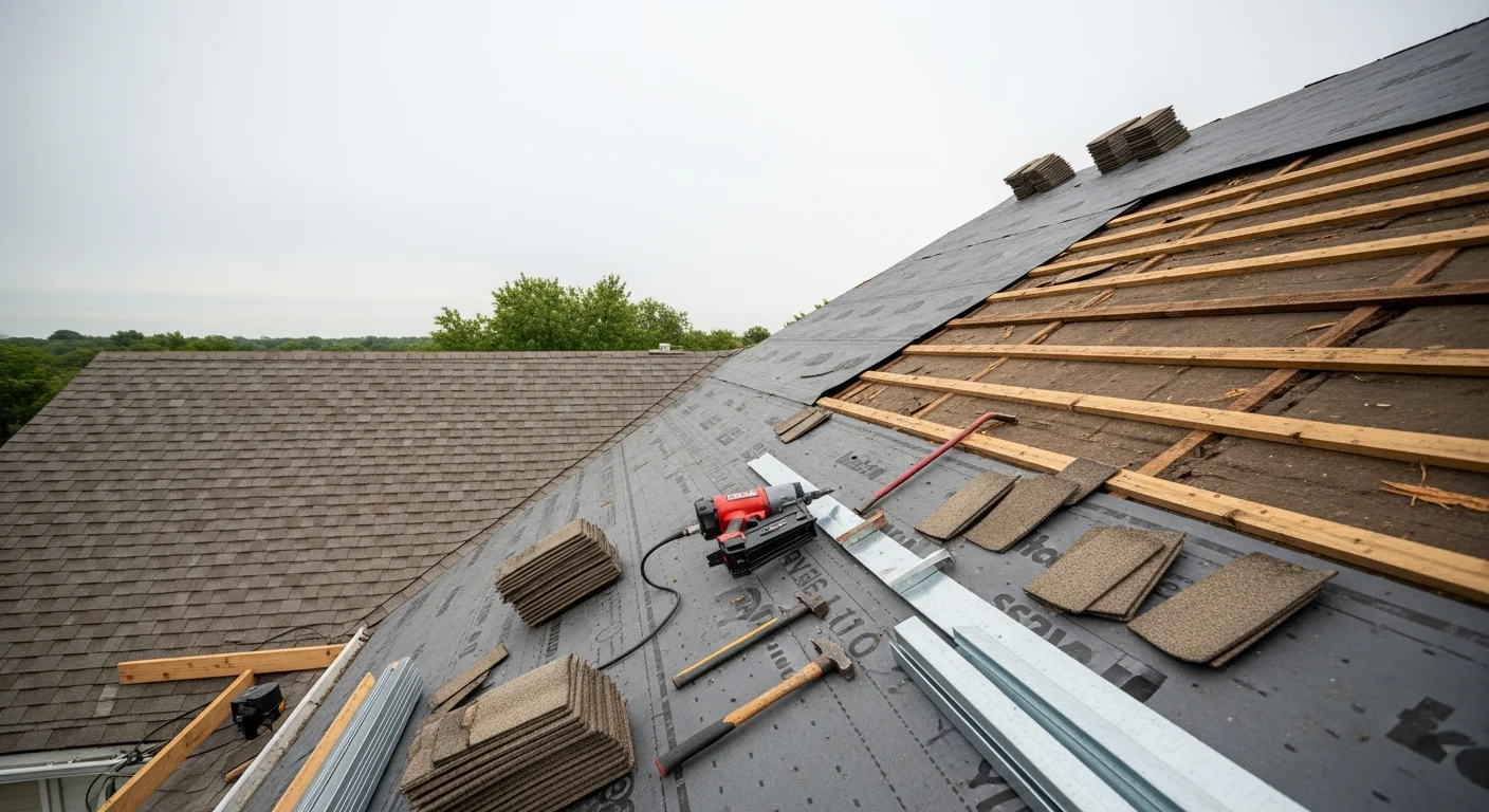 A completed residential roof replacement on an Iowa home showing new shingles, clean ridge line, and finished flashing around roof penetrations. The surrounding yard is clear of debris following project completion by DS Timeless Transformations LLC.